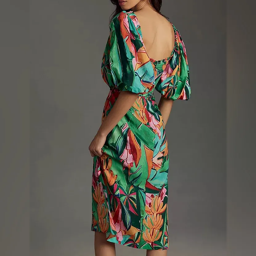 Farm Rio Anthro Women’s Banana Foliage Multicolor Puffe Sleeve Midi Dress NWT M - Image 7