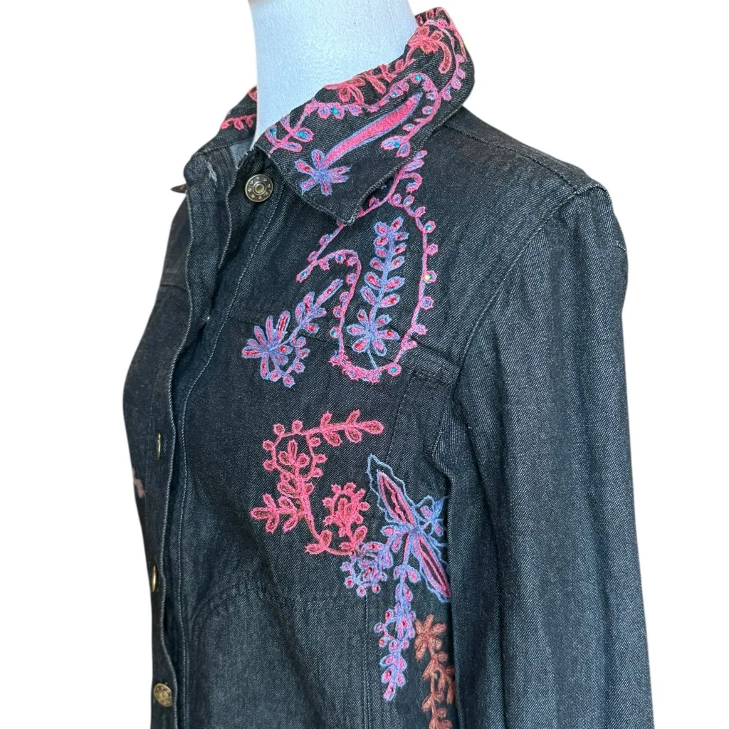 Coldwater Creek Black Jean Jacket Pink Blue Embroidery Cotton Womens XS - Image 3
