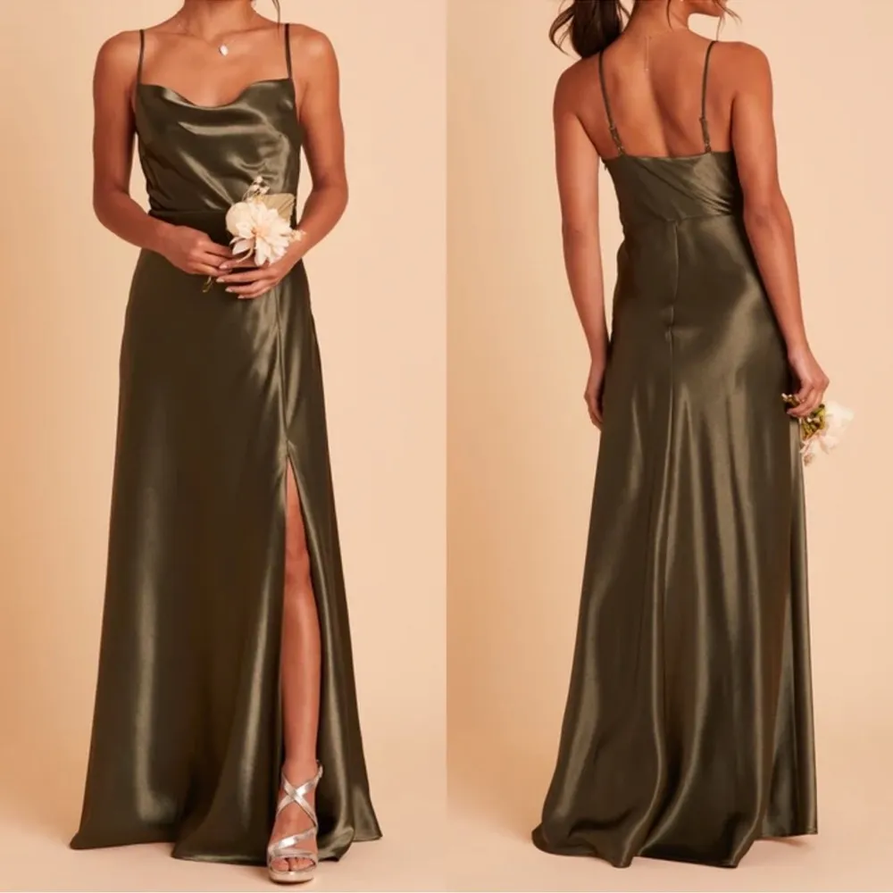Lisa Long Dress - Shiny Satin Olive Green Size XS - Image 3