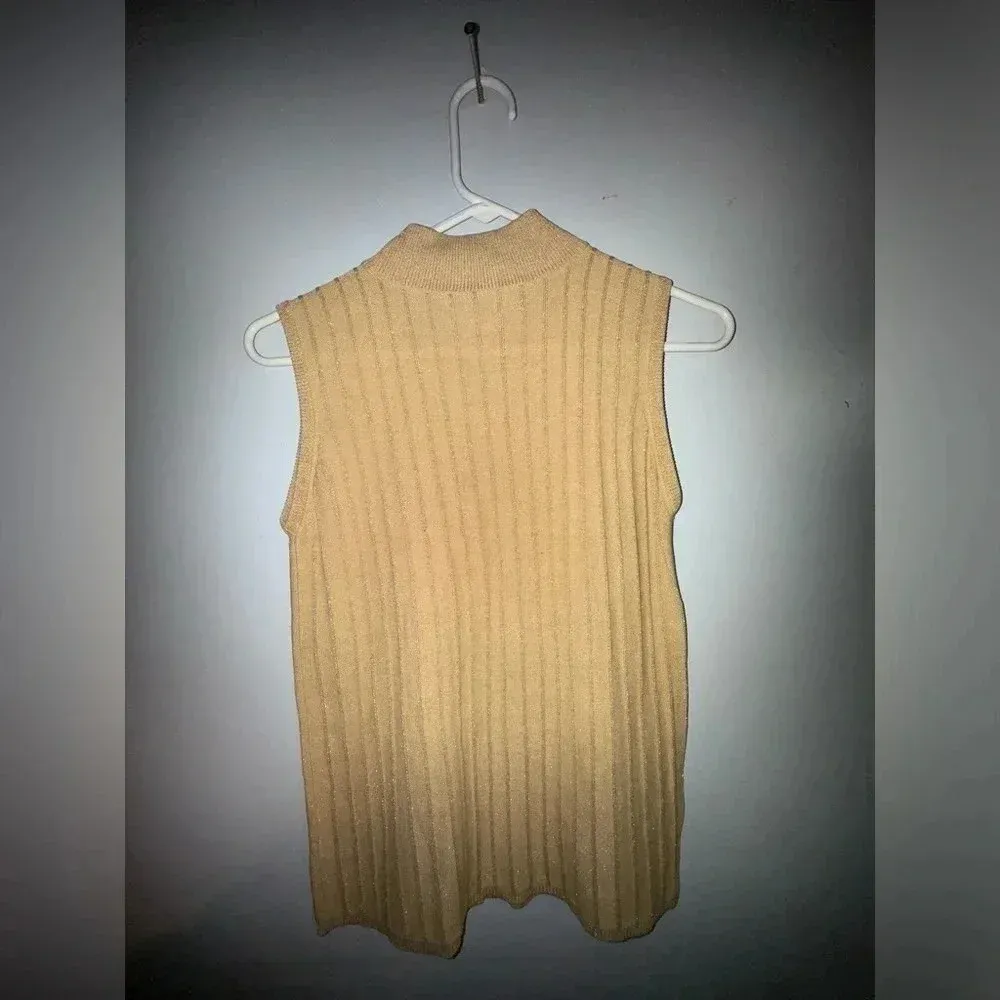 Anna Gray‎ women’s silk sleeveless gold ribbed mock turtle medium light knit - Image 2