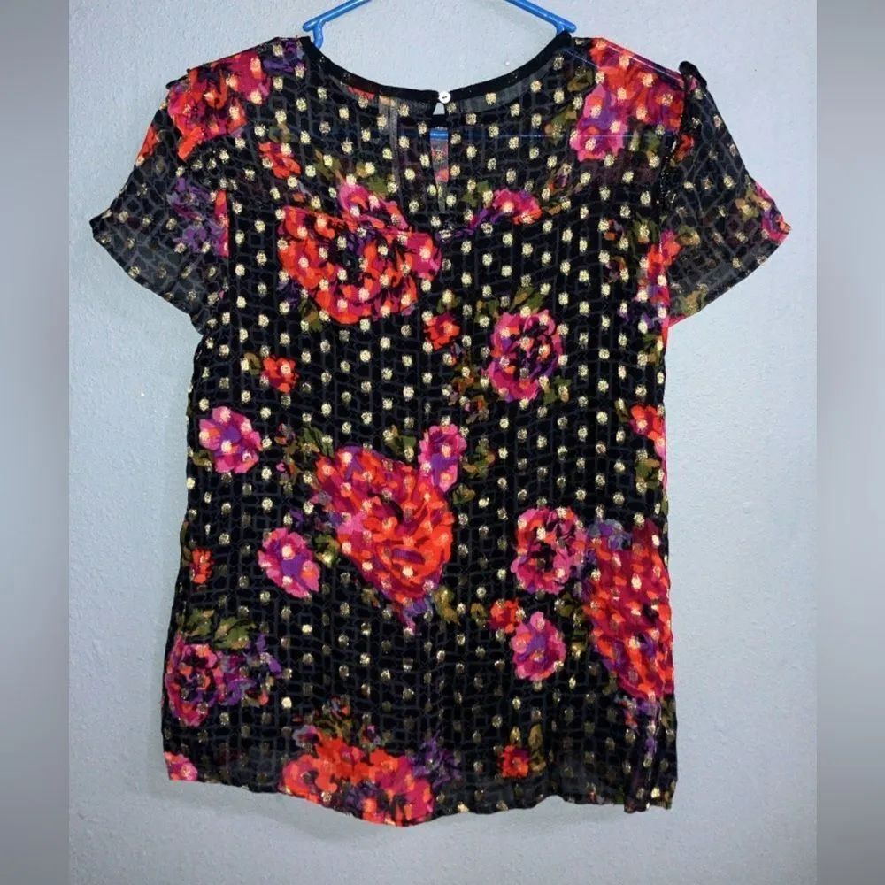 Anthropologie Fiorella Black & Pink Floral Polka dot rayon blend Office top 731 Size 0 - Image 5