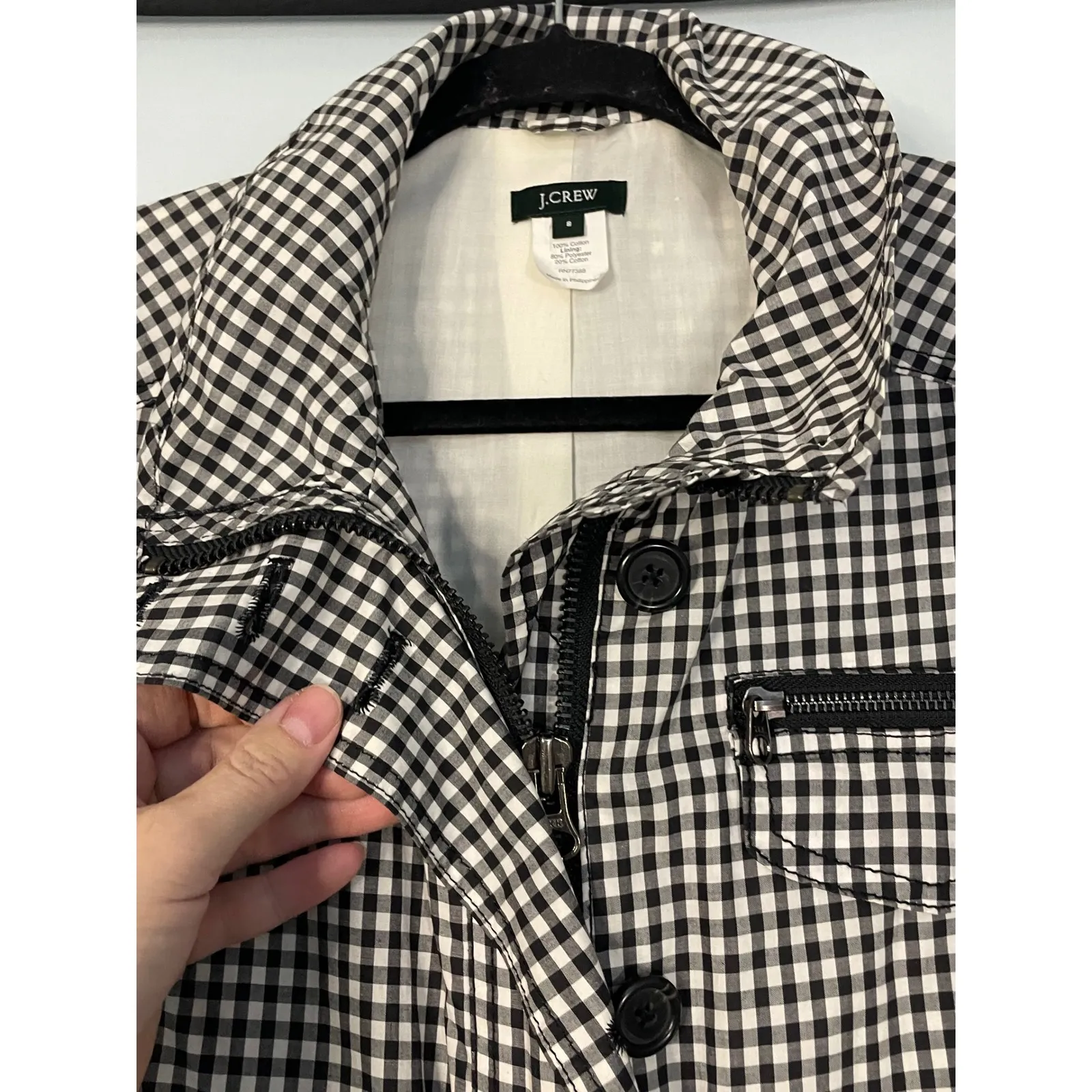 J. Crew Black White Gingham Utility Jacket Womens Size 8 Zip Front Pockets - Image 6