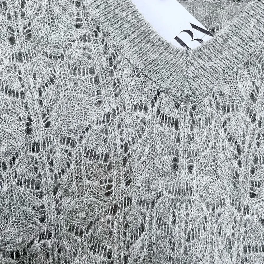 ZARA POINTELLE OPEN KNIT SWEATER Oversized Green Marl XS/S. NWT - Image 5