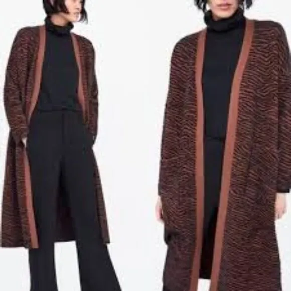 Zara Women's Animal Print Long Knit Cardigan Size Small Brown & Black Pockets - Image 2