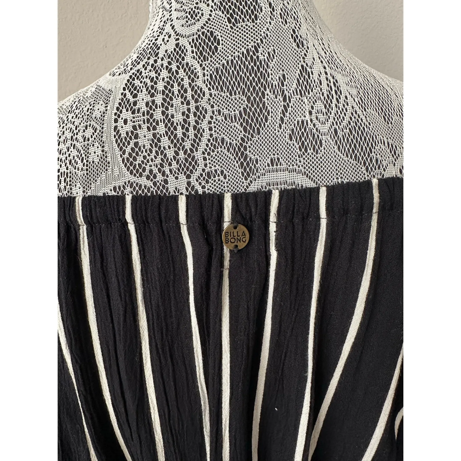 BILLABONG Off The Shoulder Long Sleeve Maxi Dress Black White Vertical Stripe - Image 3