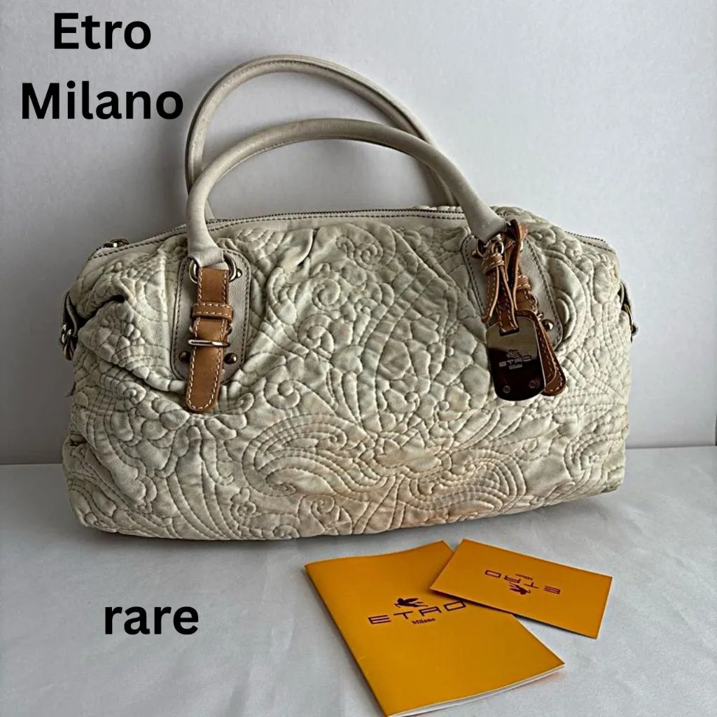 Etro Milano rare Quilted Beige Handbag Leather Trim 1B896 - Image 2