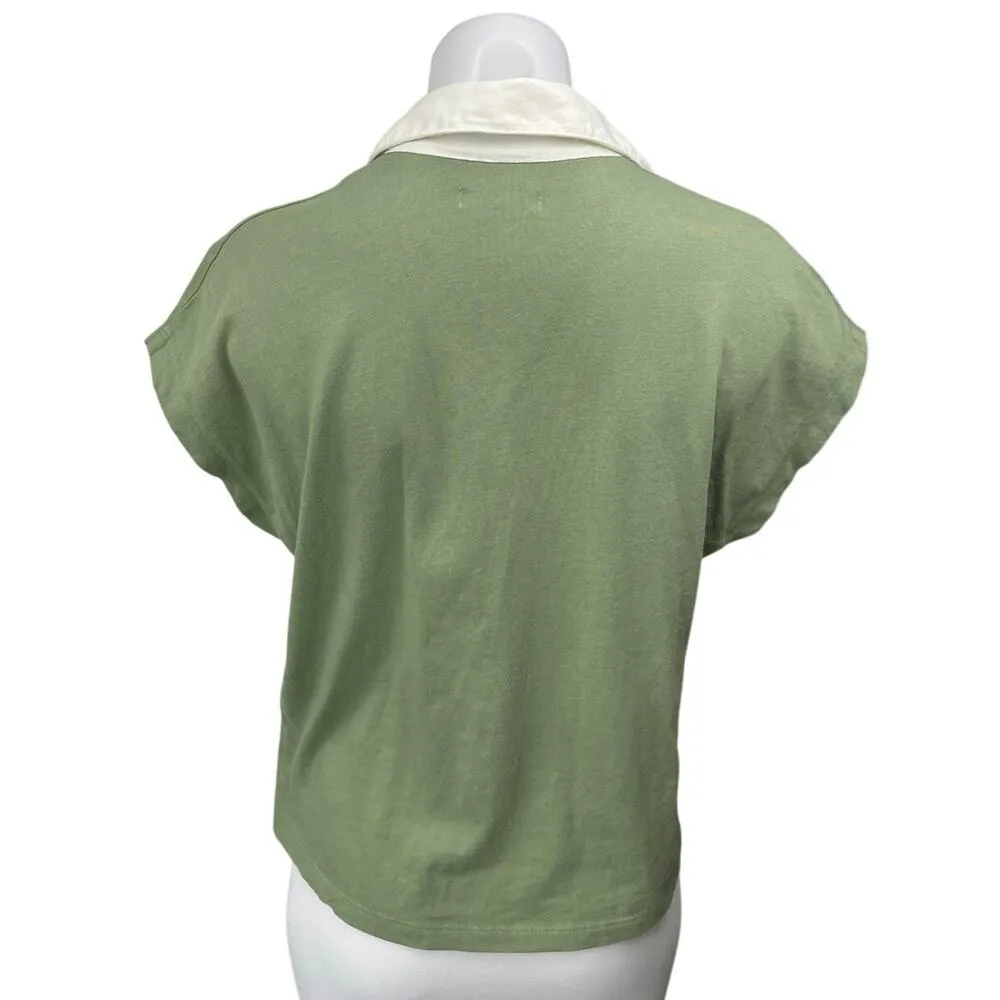Madewell Green White Collared Cap Sleeve Loose Casual Polo Shirt Top Size S - Image 2