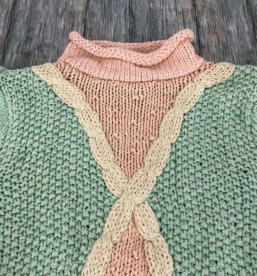 80s Vintage Pastel Colorblock Short Puff Sleeve Mock Turtleneck Sweater XS - Image 3