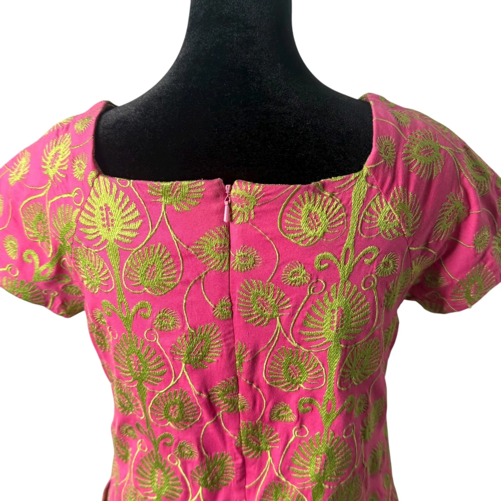 Womens Floral Embroidered Pink Green Shift Dress Size 2 Square Neck‎ Folk Ethnic - Image 7