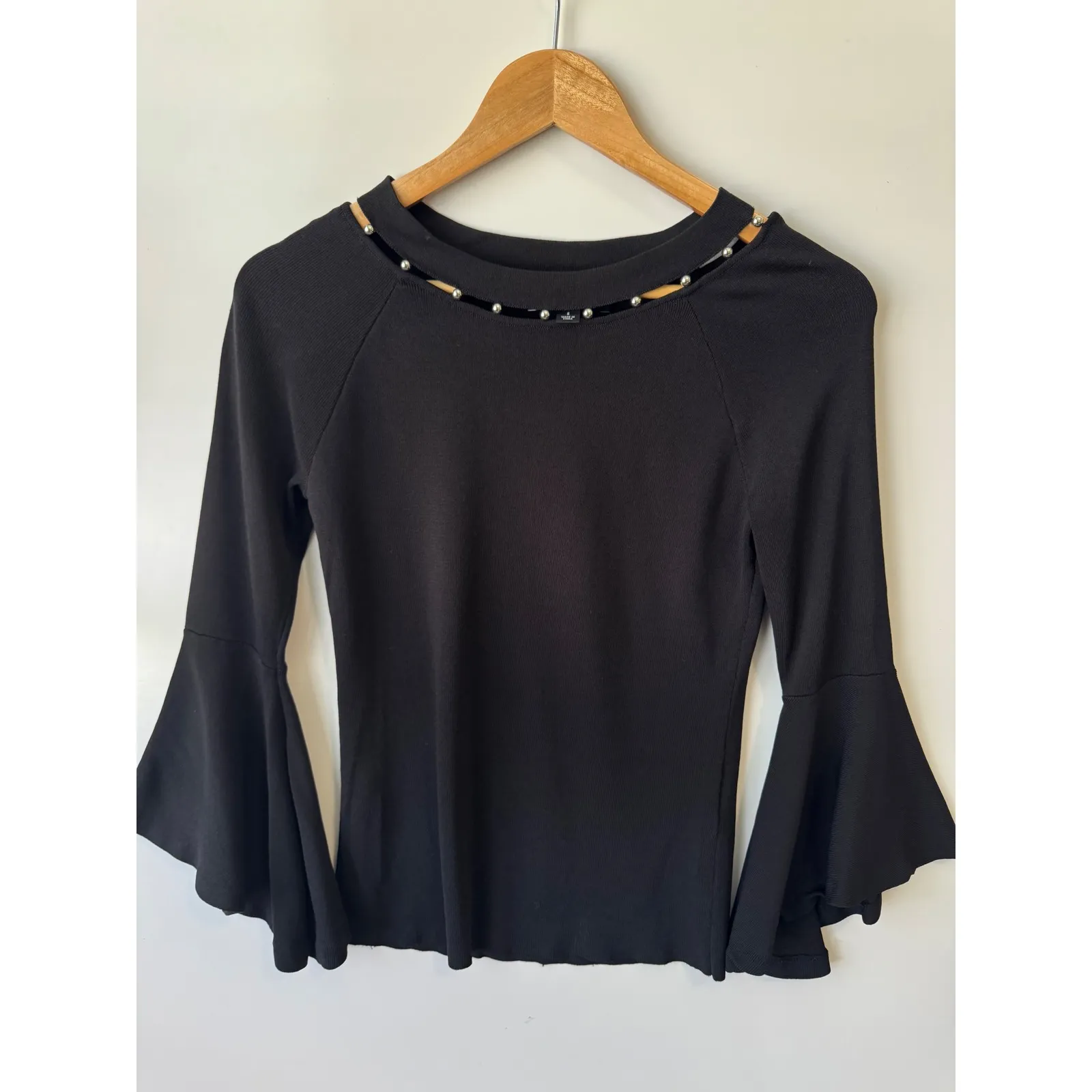 INC Bell Sleeve Top‎ Cutout Neckline Silver Studs Black Blouse Size S - Image 2