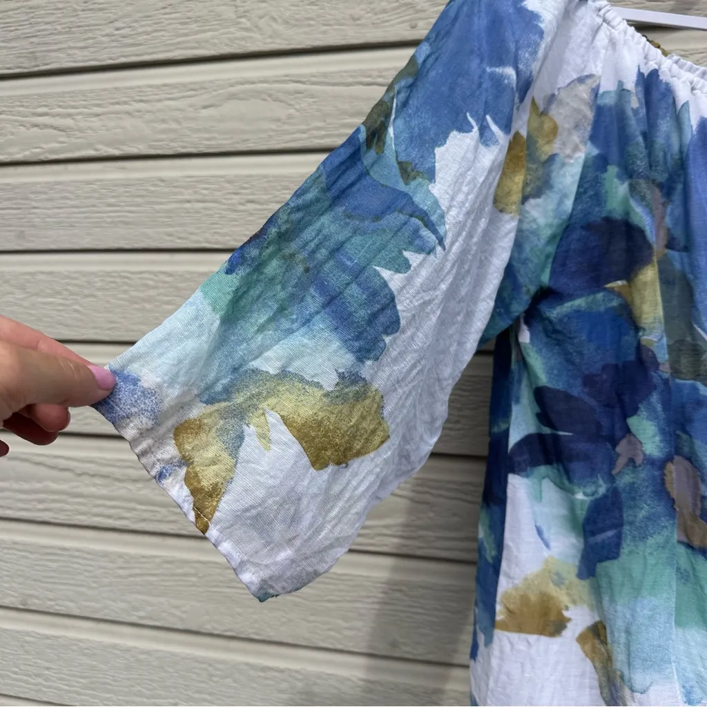 Habitat Blouse Artsy Lagenlook Size L Floral Coastal Grandma Linen Blend Flowy - Image 5