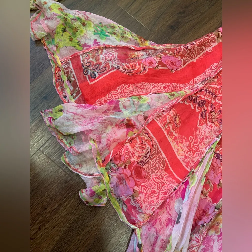 JW Los Angeles Red Floral silk boho red patterned scarf midi skirt M casual fall Size M - Image 9