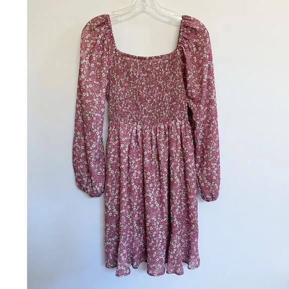Peach Love Pink Floral Smocked Long‎ Sleeve Mini dress M - Image 7