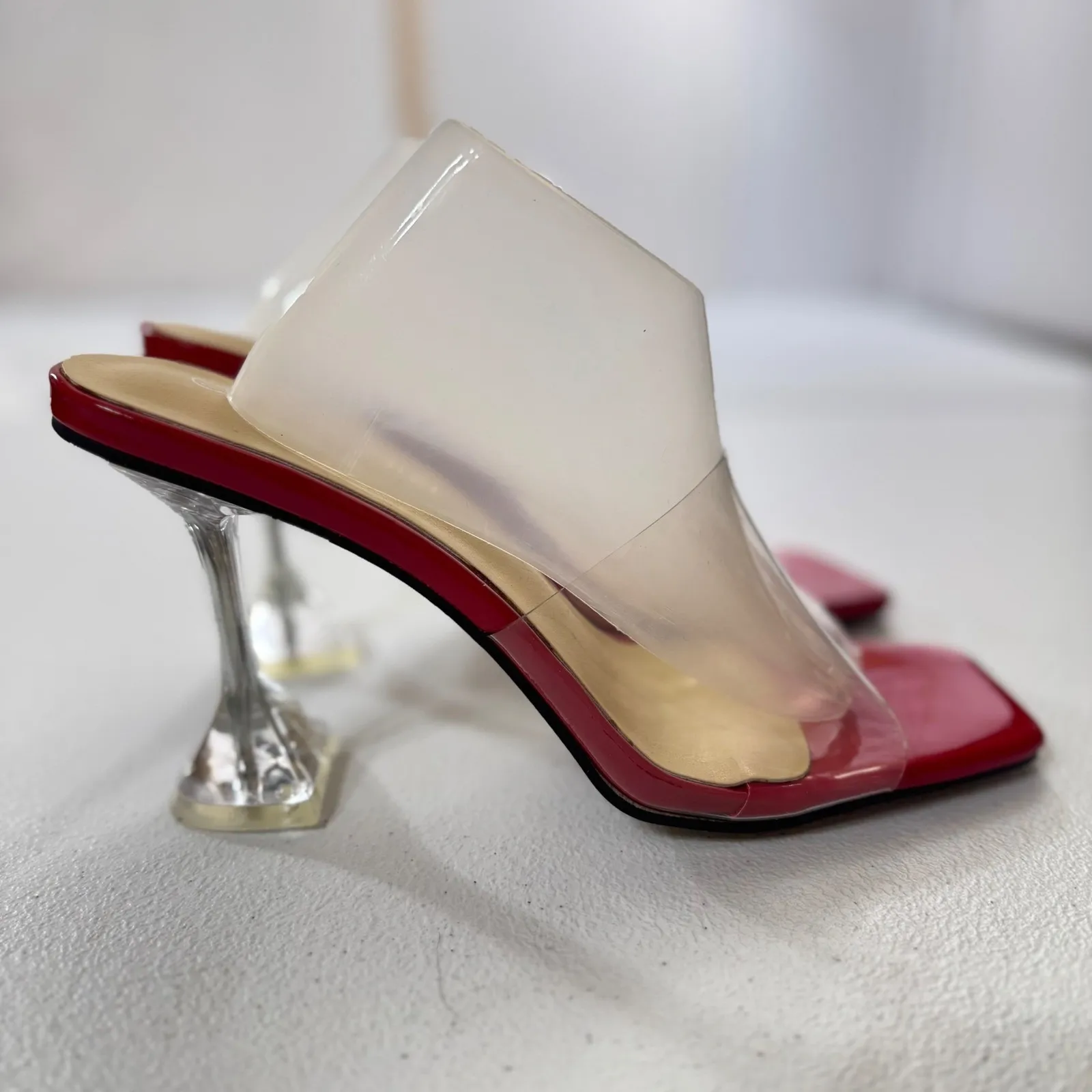 MAIERNISI Clear Heels Sandals Square Toe High Stiletto Mules Slip on Wedding 9.5 Red - Image 5