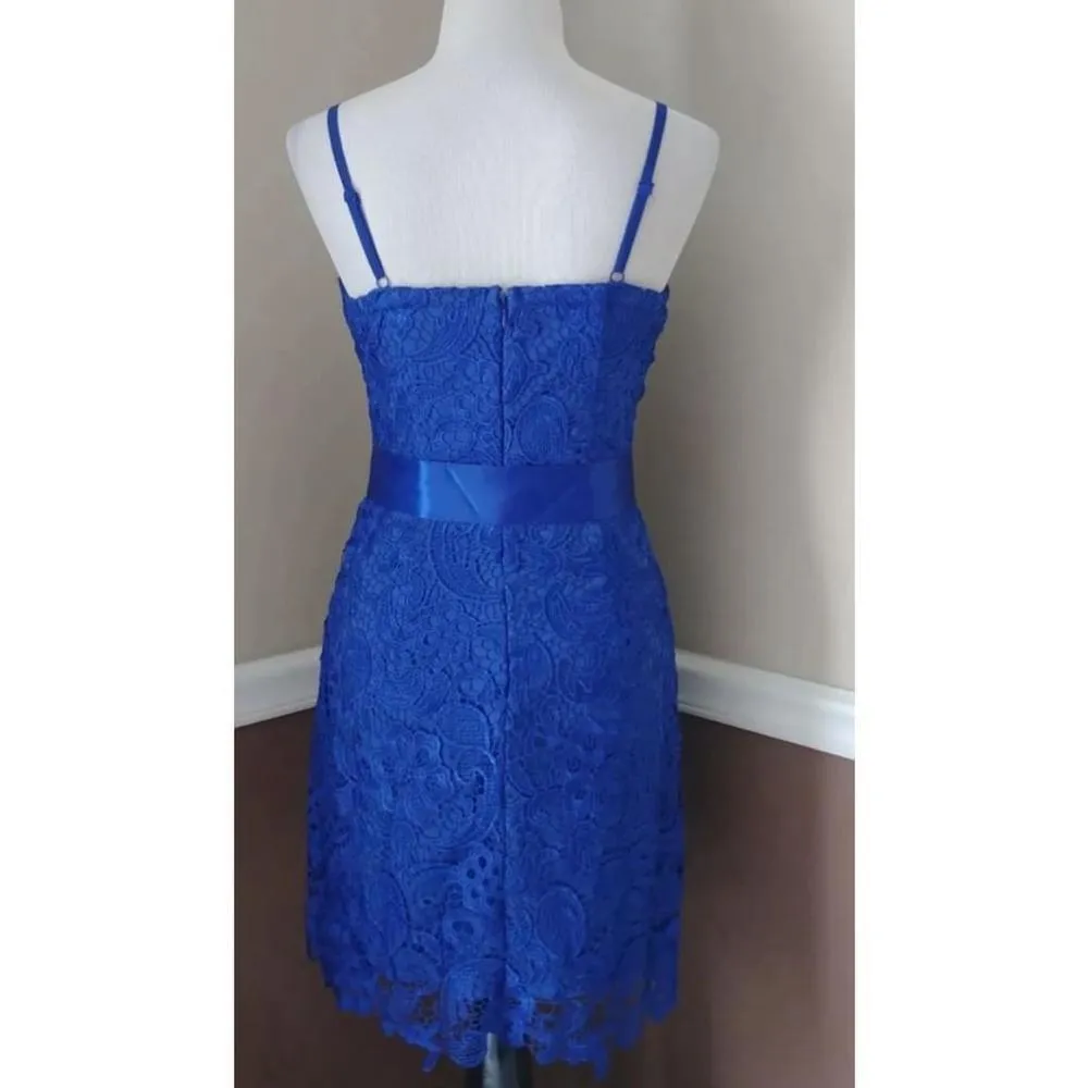 Fashionomics ModCloth NEW Electric Blue Lace Mini Dress with Ribbon Sash Medium - Image 6