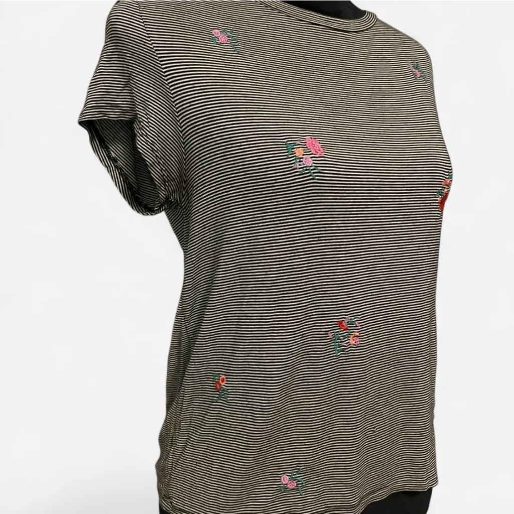 AEO Soft & Sexy Tee, Black & White Stripe with Floral Embroidery, Size Medium - Image 3