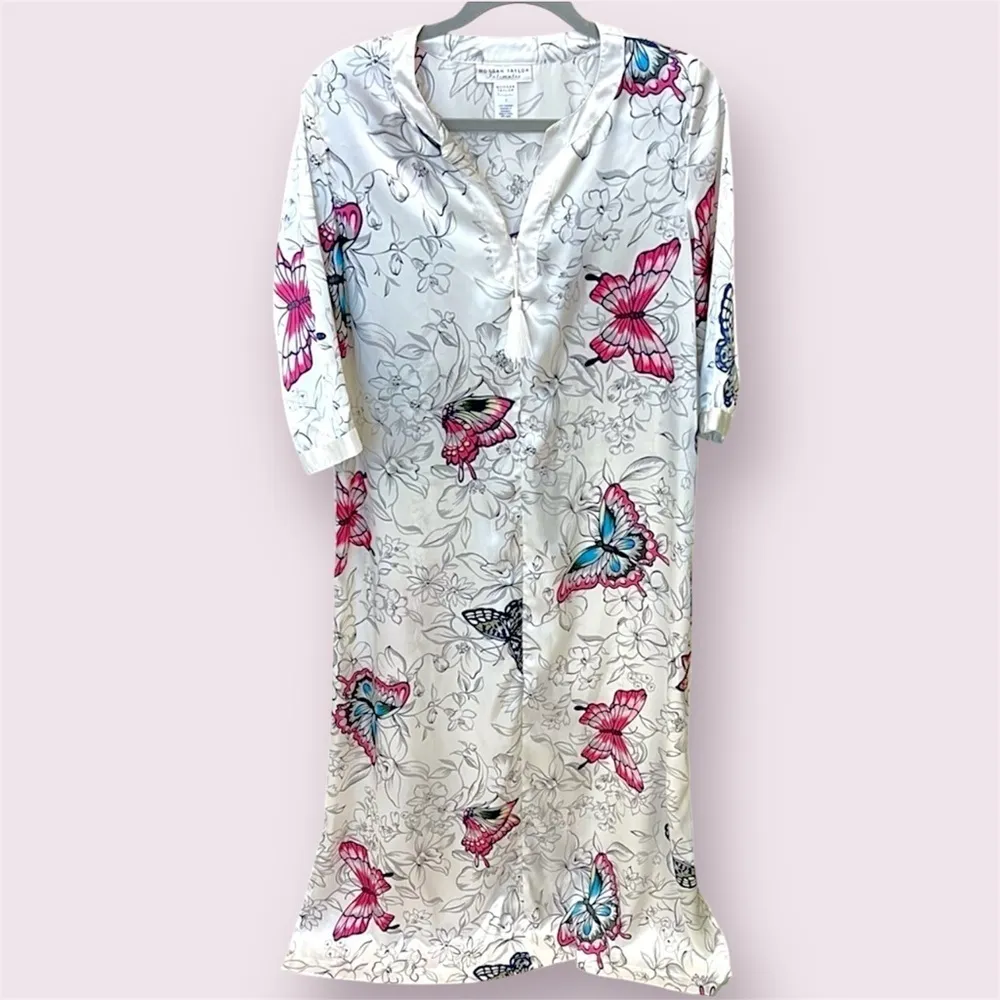 Vintage Morgan Taylor satin Kaftan, house robe butterflies print, 3/4 sleeve - Image 2
