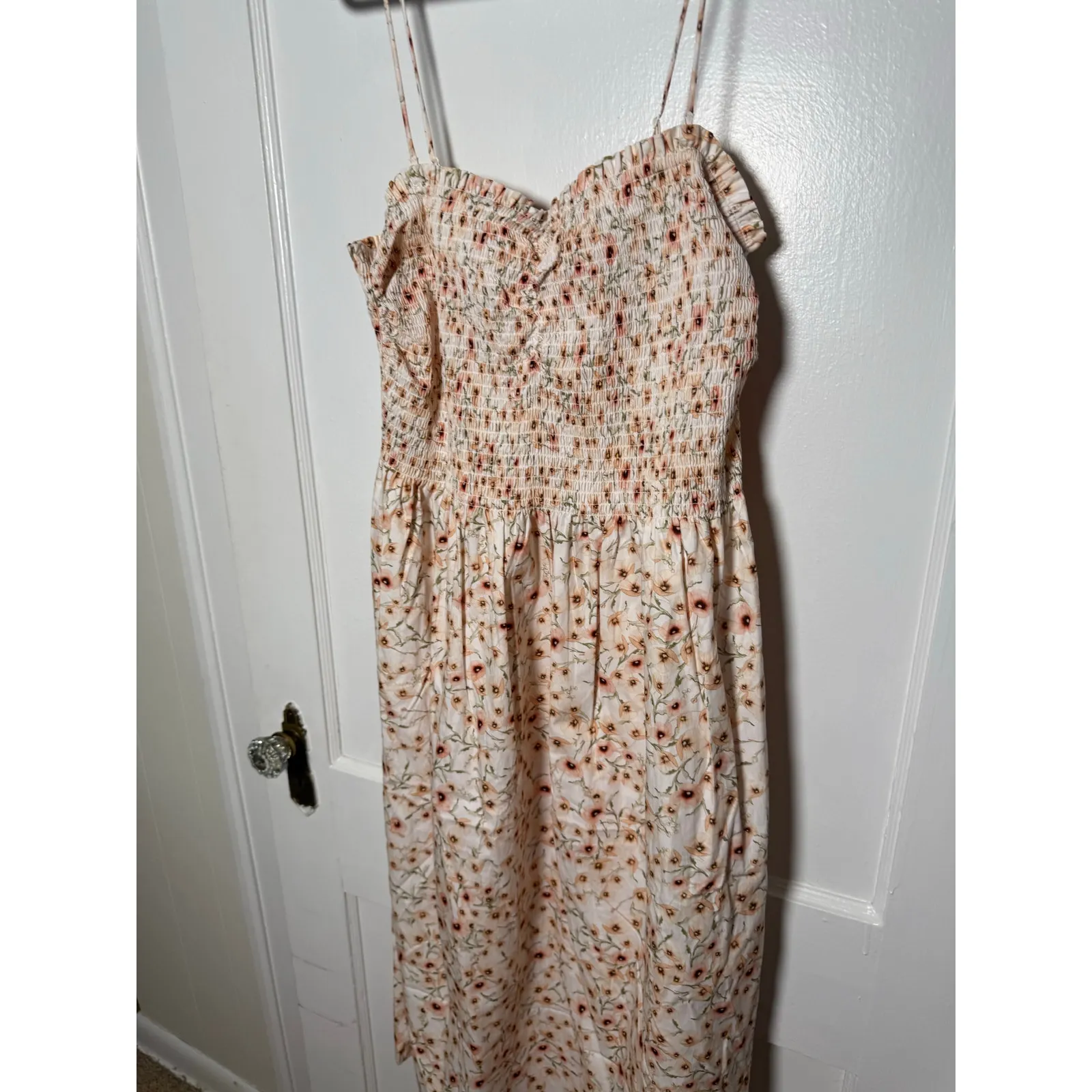 H&M Pink Peach Girly Ditsy Floral Smocked Poplin Midi Sun Dress Women's XL - Image 5