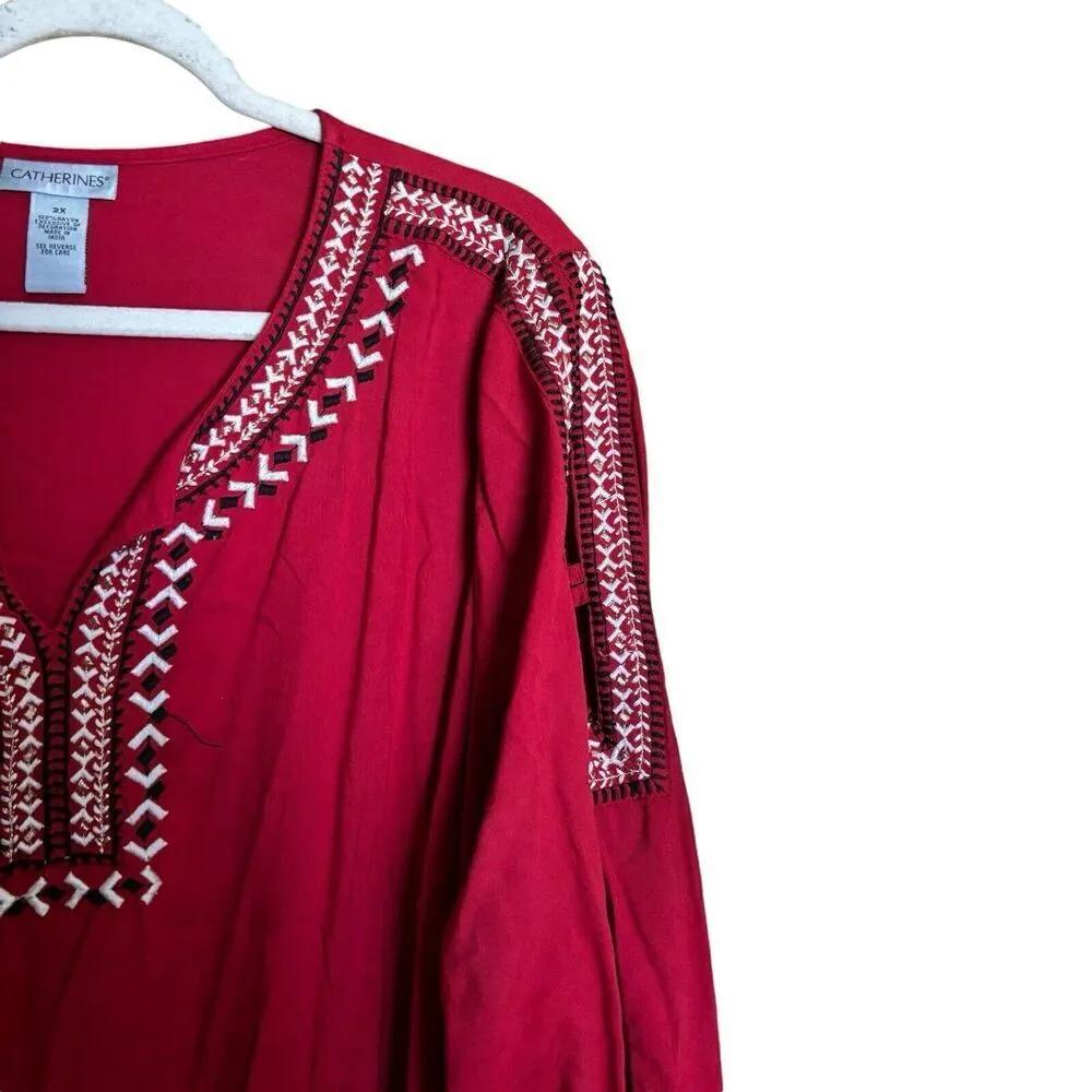 Catherines Tunic Top Womens 2X Red Boho Embroidered Trim Cold Shoulder Blouse - Image 3