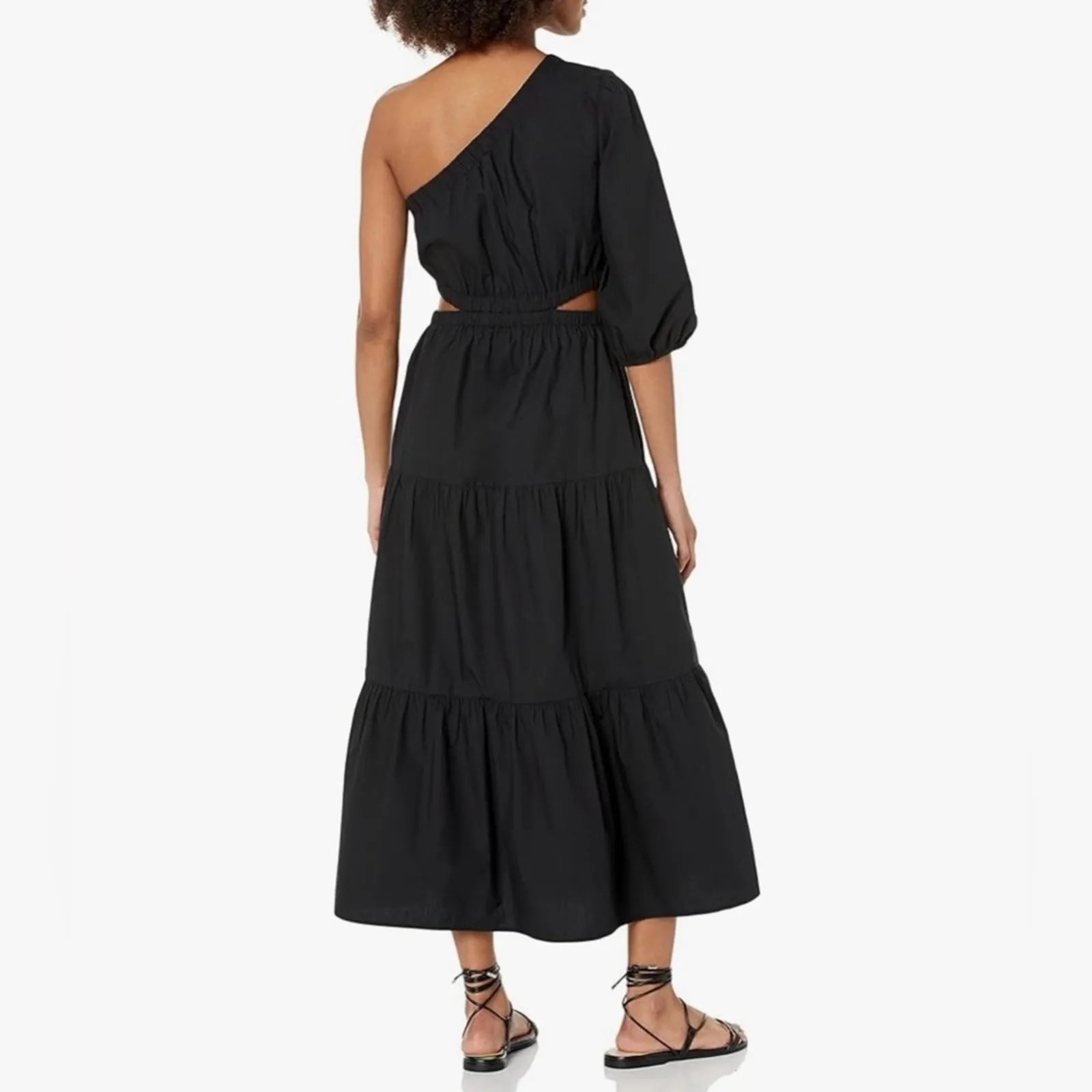 The Drop Dress with Pockets Womens XS Black Cotton One Shoulder Tiered Cut Out - Image 2