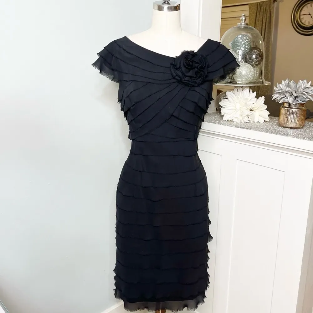London Times Black Chiffon Tiered Layered Sheath Dress Small - Image 2