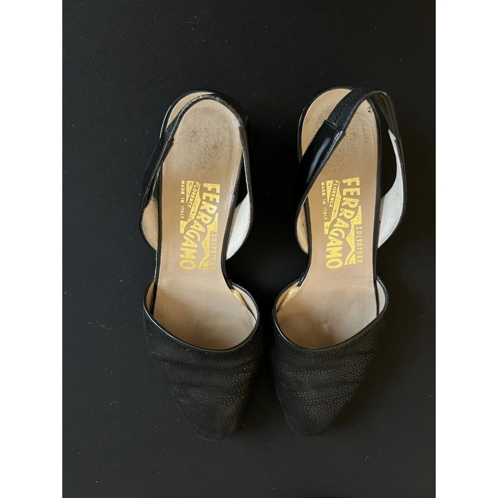 VTG Ferragamo Black Leather Slingback Pointed Toe Size 5.5 Made in Italy 1” Heel - Image 10