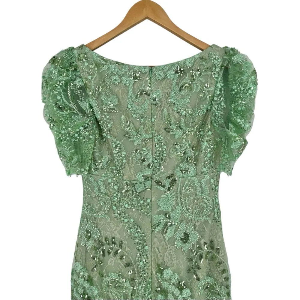 Mac Duggal Green Puff Sleeve V Neck Floral Embellished Dress 68266 size 4 Midi - Image 6