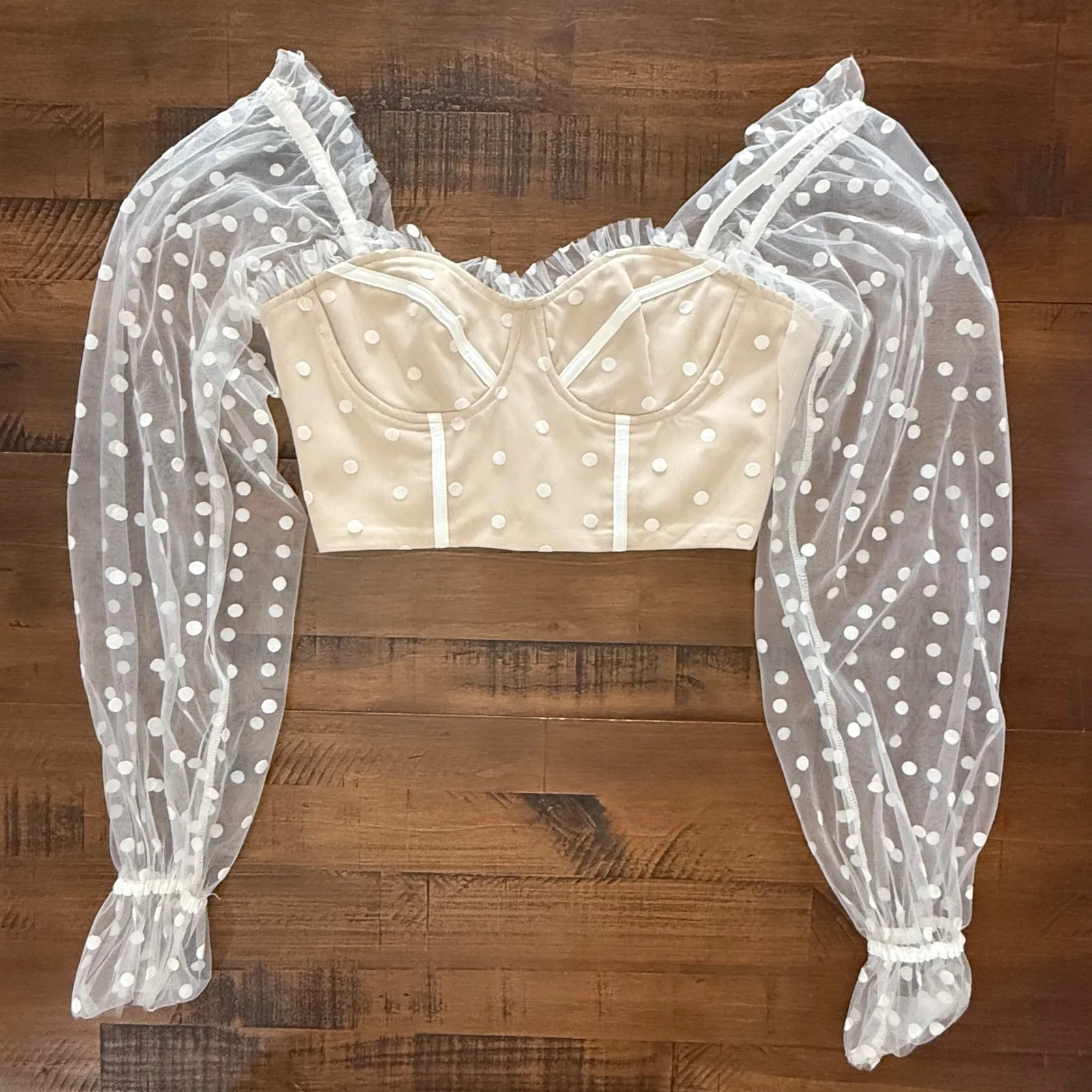RUNAWAY Polka Dot Sheer Sleeve Corset Top Beige White Size S - Image 2