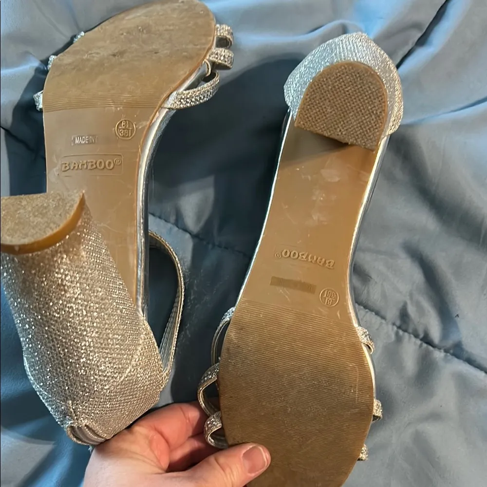 Bamboo Silver Strappy Heels with Medium Tapered Heel - Image 6