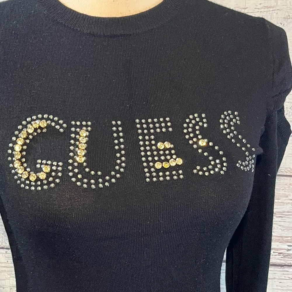 GUESS Sweater Crewneck Rhinestone Logo Front Black-Small - Image 3