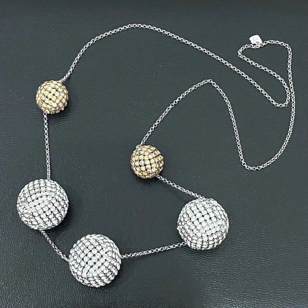 SWAROVSKI Signed Ladies PIN-UP Crystal Rhinestone Silver Gold Balls 30” Necklace - Image 4