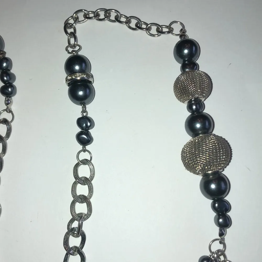 Silver Tone & Dark Gray/Blue Mesh Beaded Multi Strand Boho Necklace - Image 6