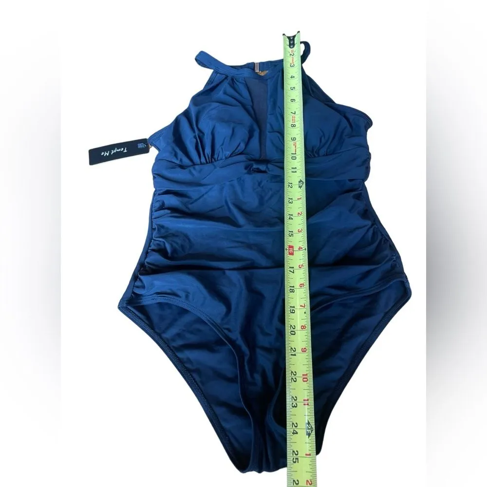 Tempt Me Black One Piece Swimsuit High Neck Plunge Ruched Tummy Control Small - Image 12