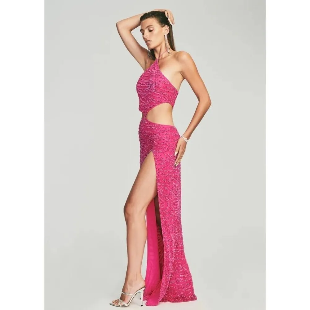 Retrofete Hendrix Dress in Fuchsia Rose Tiger Stripe Large New Long Maxi Gown Pink - Image 13