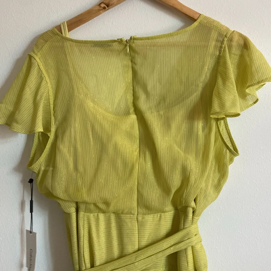 Calvin Klein Metallic Chiffon Flutter Sleeve Faux Wrap Dress (Sz 16) Green NWT - Image 10