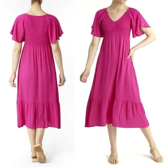 Bohme Saltwater Smocked Midi Dress Fuchsia Hot Pink Magenta Women’s Size Large - Image 2