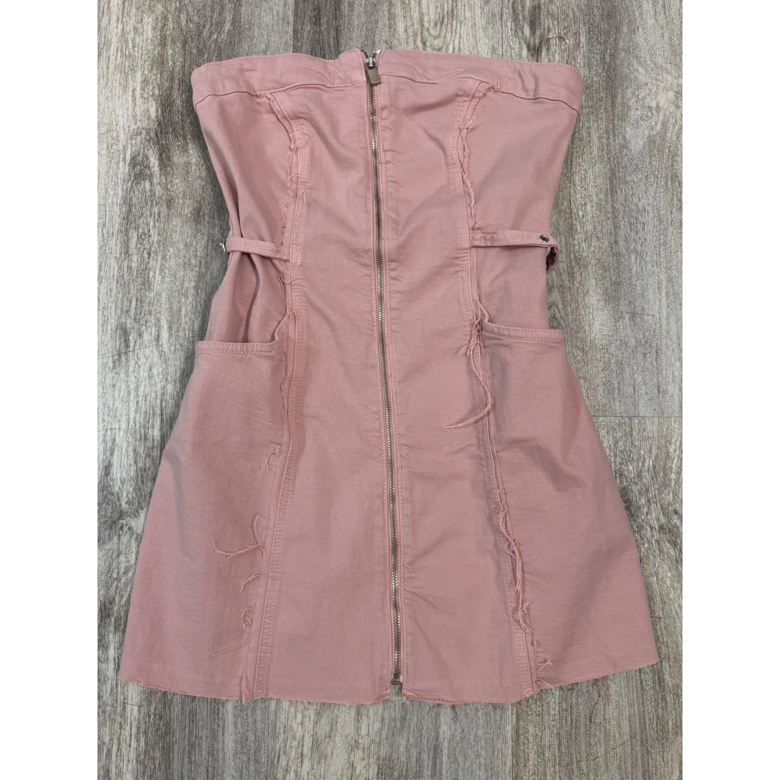 Zara Pink Denim Strapless Zip Up Mini Dress Y2K Buckle Detail Size M - Image 2