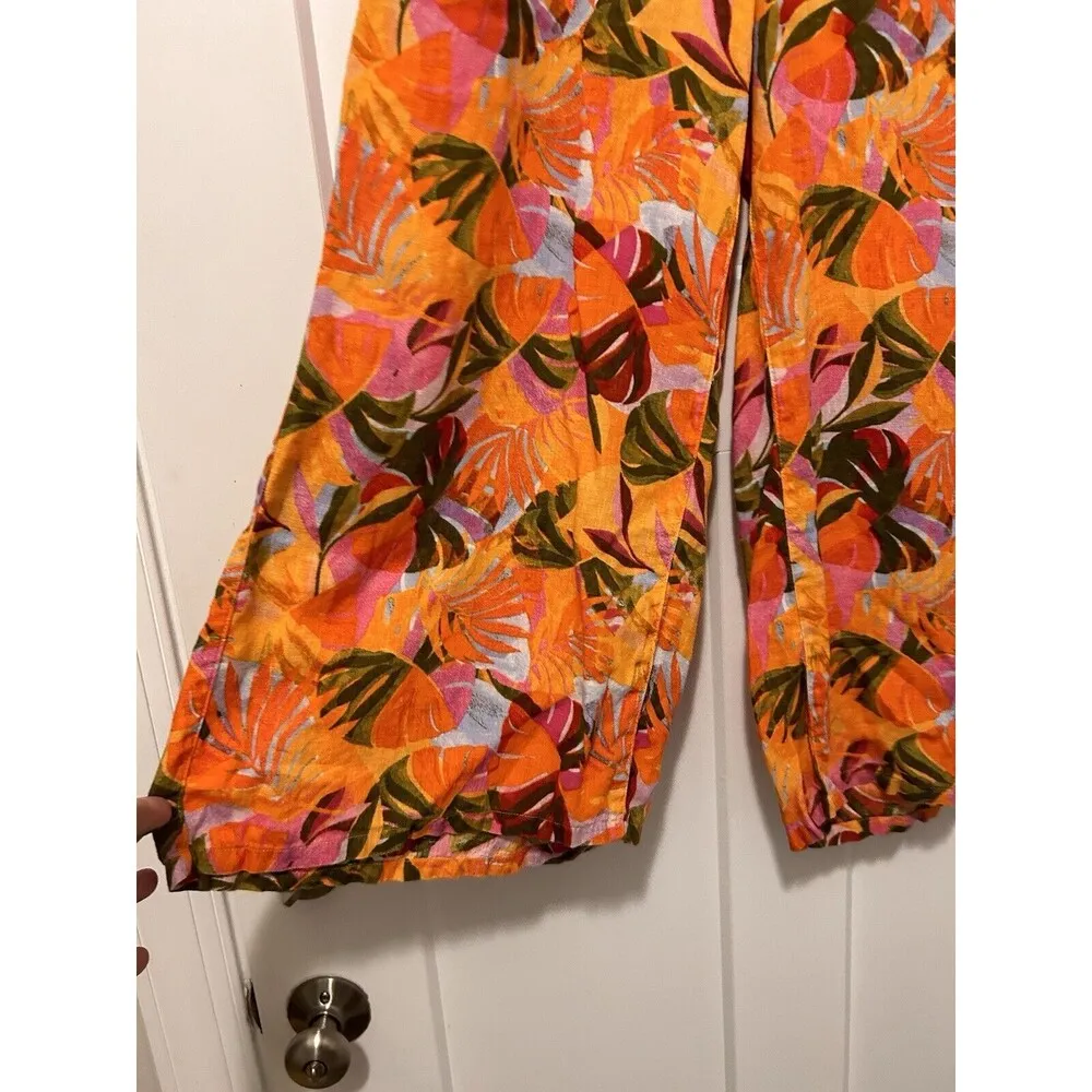 Women Linen Pants Wide Leg Orange Tropical Multi Color C&C California Size Large - Image 5