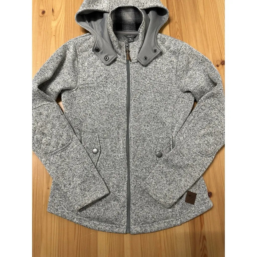 EDDIE BAUER ELBOW PATCHES HOODIE FLEECE SWEATER JACKET HEATHER GRAY SIZE MEDIUM - Image 2