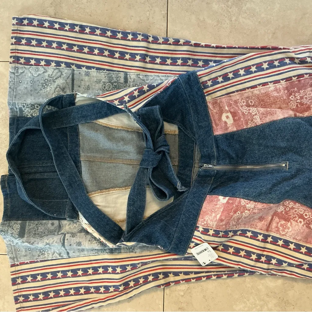 NEW FREE PEOPLE DALLAS FLAG PRINT DENIM JEANS JUMPSUIT FLARE OVERALLS - Image 12