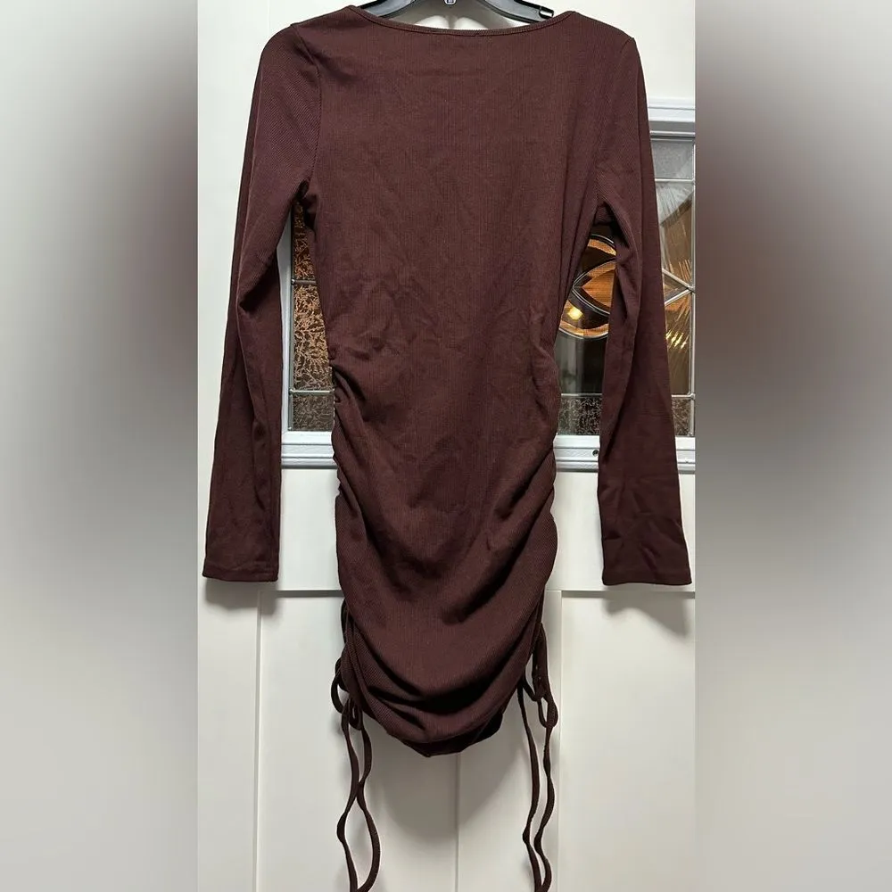 Long Sleeve Rouched Mini Dress New Brown Ribbed Bodycon (273) Size M - Image 4