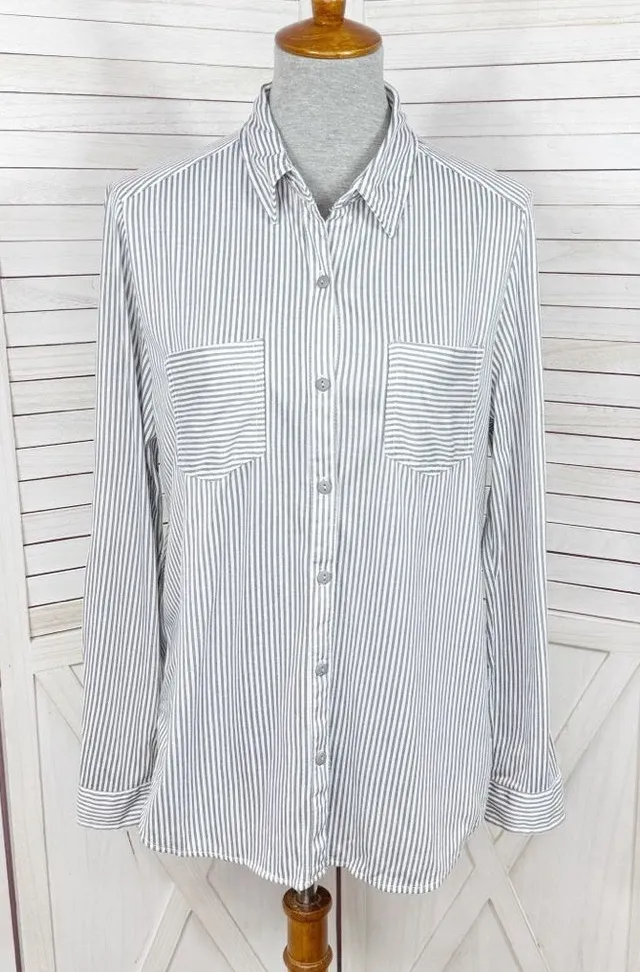 Eden & Olivia Striped Knit Button Up Long Sleeve Shirt Grey White Large - Image 1