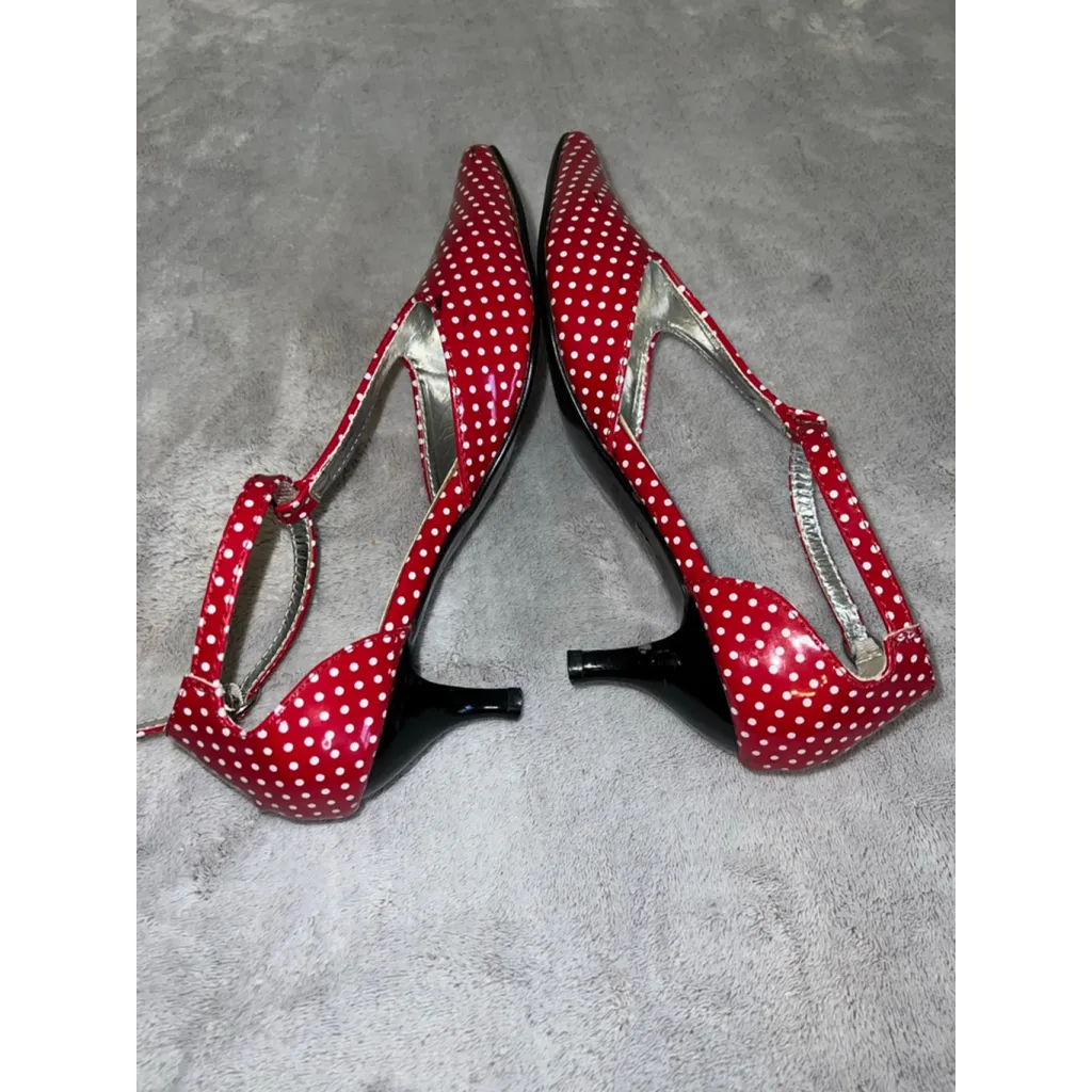 Women's T Strap Red White Polka Dot Kitten Heels Size 7 - Image 5