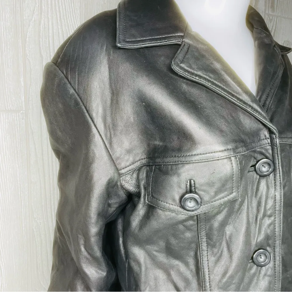 Black vintage guess leather belted jacket with pockets long sleeve winter coat L - Image 3