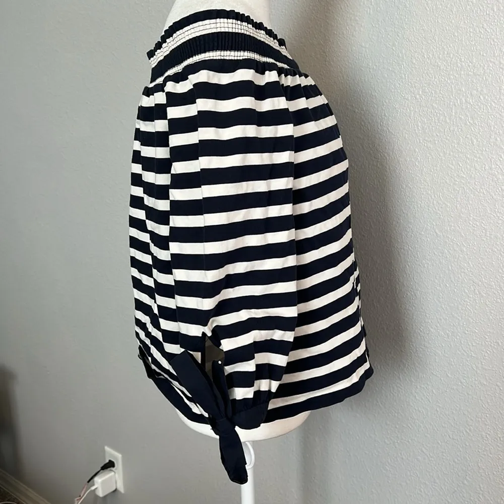 JCrew Off Shoulder Tie Sleeve Navy/White Striped Top Size Medium - Image 2
