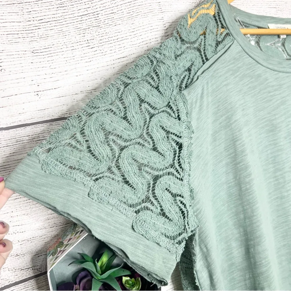 UMGEE Seafoam Green Lace Sleeve Sheer Lace Back High Low Tunic Top Size XL - Image 9