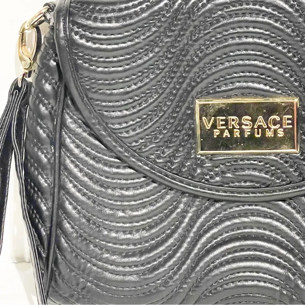 Versace Parfums Faux Leather Gold Tone Black Strap Wristlet Clutch Purse - Image 3
