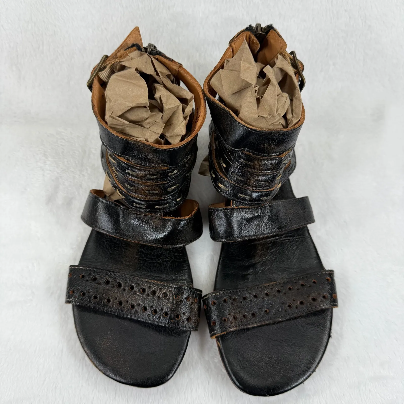 Bed Stu Rustic Artemis‎ Leather Gladiator Sandals 10 Buckle Zipper Ankle Straps Black - Image 3