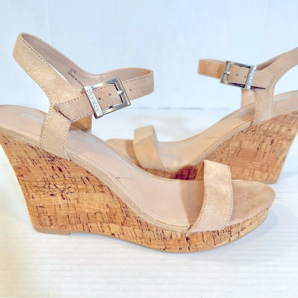 Charles‎ David Cork Wedge Sandal Women's Size 10M Beige Nude Faux Suede - Image 6