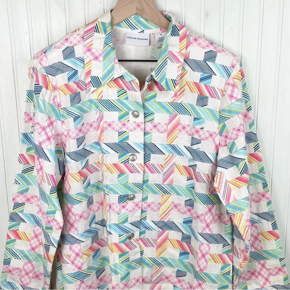 Alfred Dunner Linen Mixed Print Plaid Patchwork Jacket Shacket Size 10 NWT - Image 3